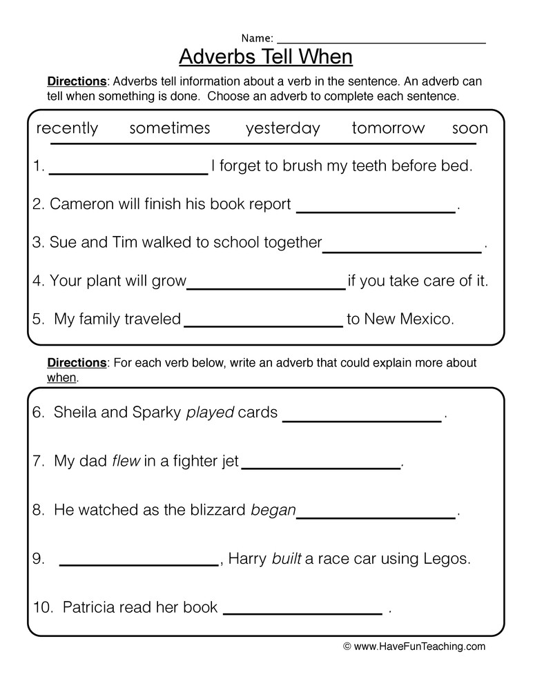4th Grade Adverb Worksheets Adverbs Tell when Worksheet