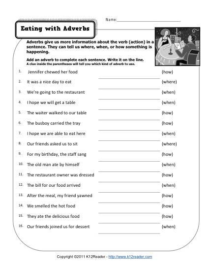 4th Grade Adverb Worksheets Eating with Adverbs