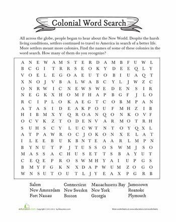 4th Grade History Worksheets Colonial Word Search