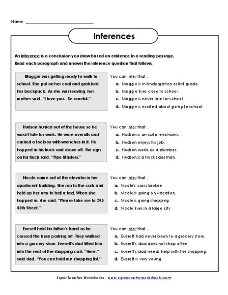 4th Grade Inferencing Worksheets Inferences Worksheet for 3rd 4th Grade