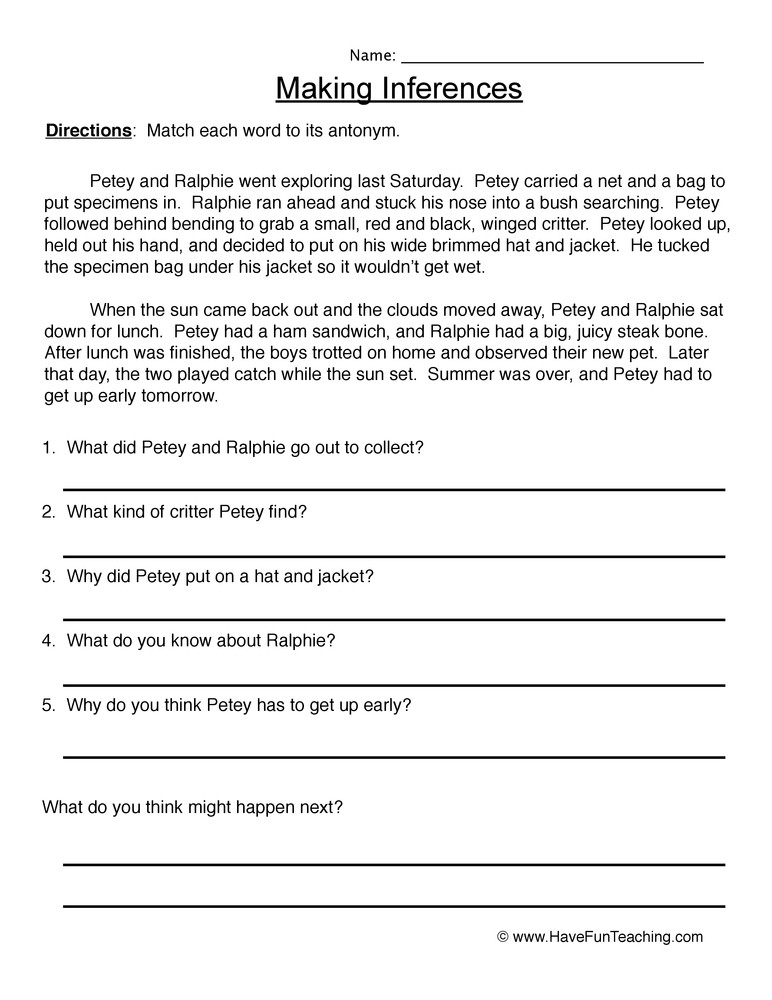 4th Grade Inferencing Worksheets Reading Inferences Worksheet
