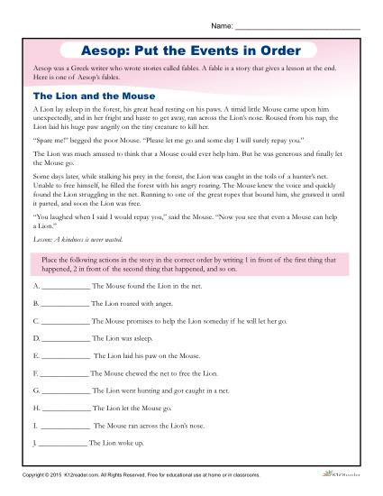4th Grade Sequencing Worksheets Aesop Put the events In order Worksheet