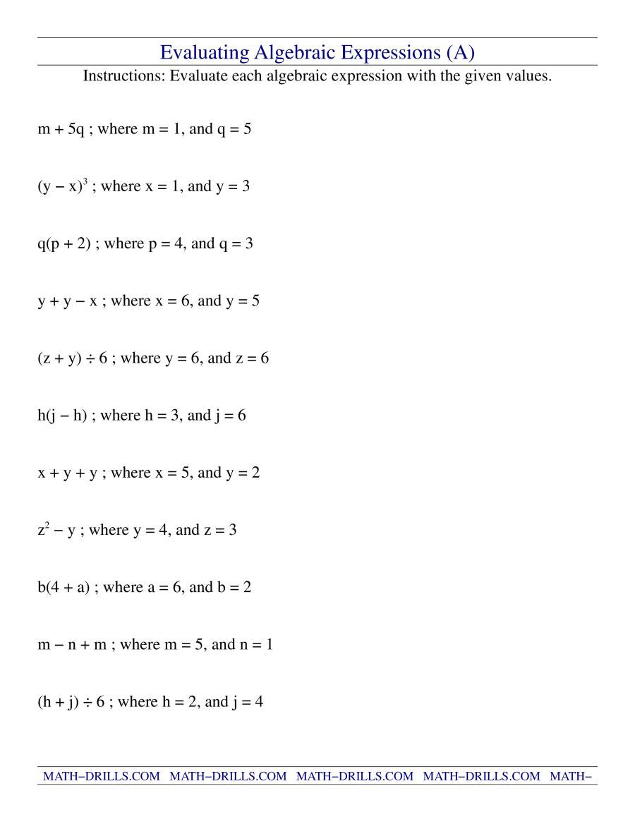 5th Grade Algebraic Expressions Worksheets Evaluating Algebraic Expressions A