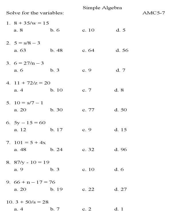 5th Grade Algebraic Expressions Worksheets Math Worksheets for 7th Grade Algebra Pre Test to Print
