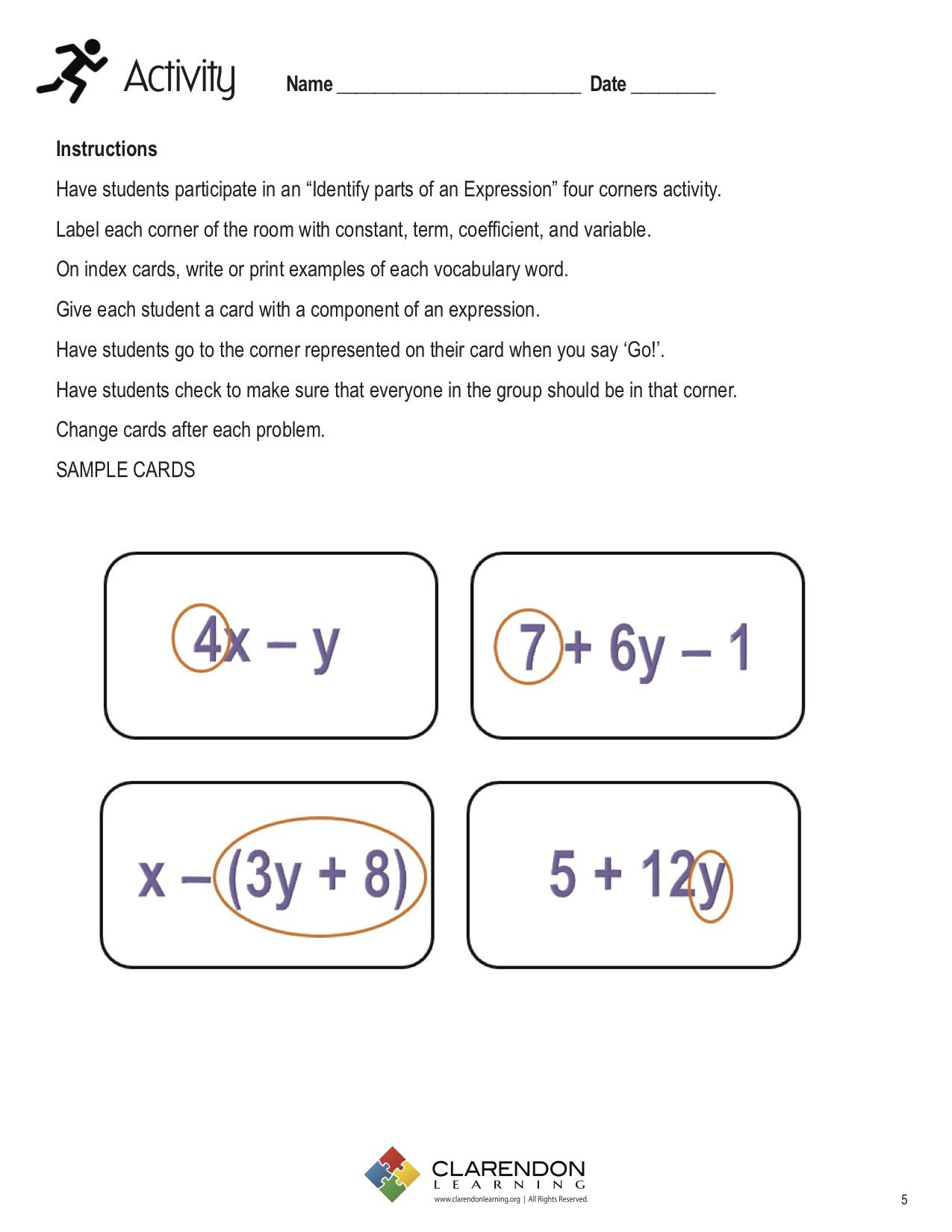 5th Grade Algebraic Expressions Worksheets Parts Of Algebraic Expressions