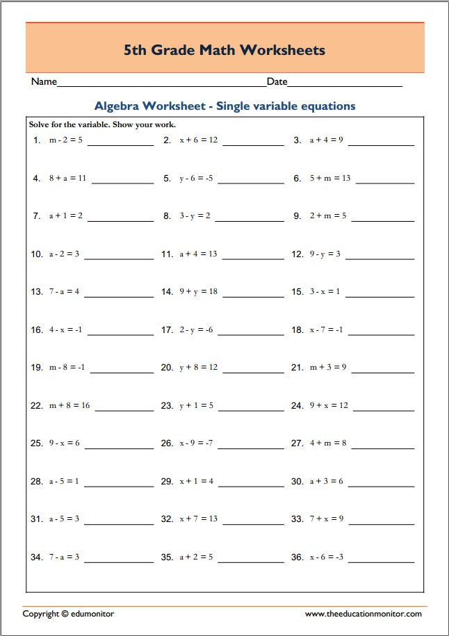 5th Grade Algebraic Expressions Worksheets Printable Fifth Grade Math Worksheet In Pdf Edumonitor