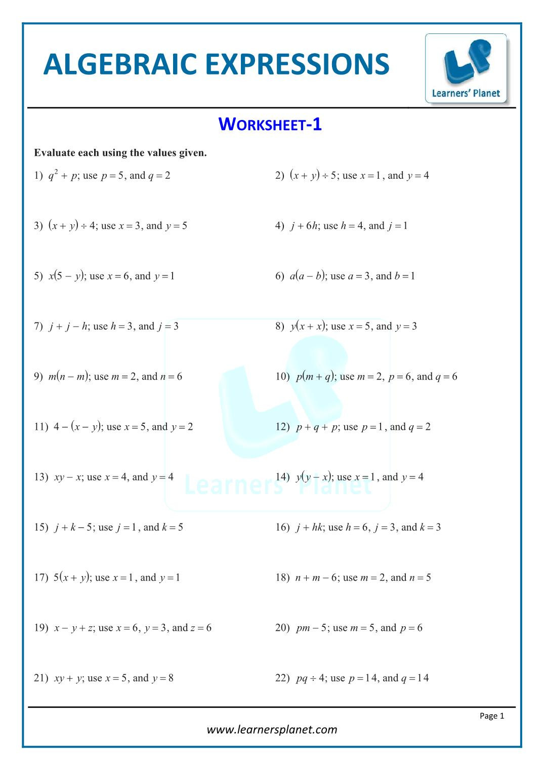 5th Grade Algebraic Expressions Worksheets Printable Worksheets Algebraic Expressions 7th Cbse Math