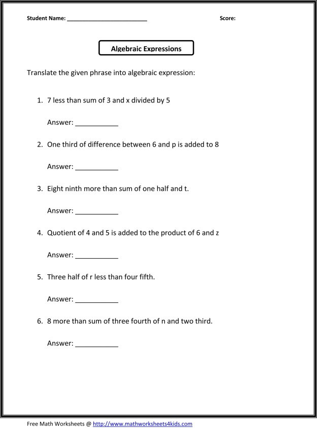 5th Grade Algebraic Expressions Worksheets Worksheets Algebra – Mreichert Kids Worksheets