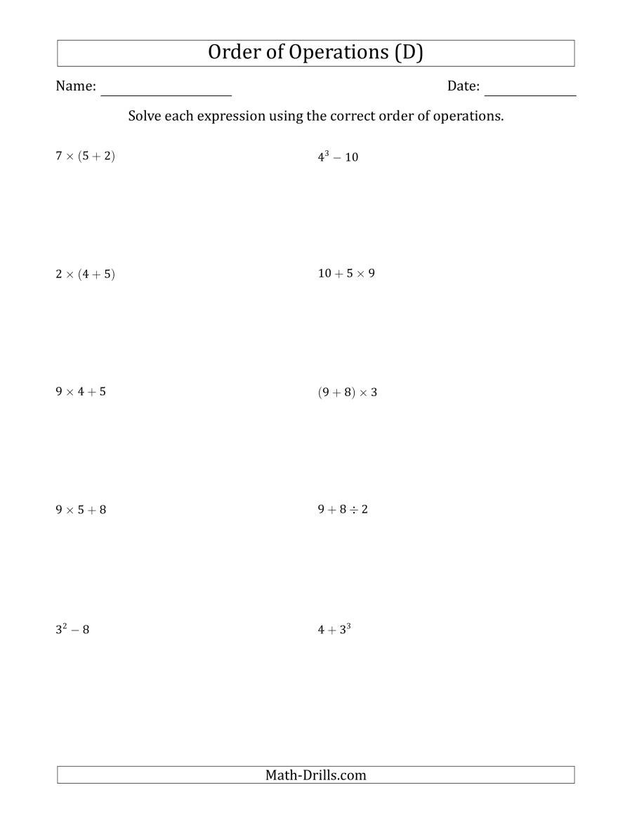 5th Grade Pemdas Worksheets order Math order Operations Worksheets order