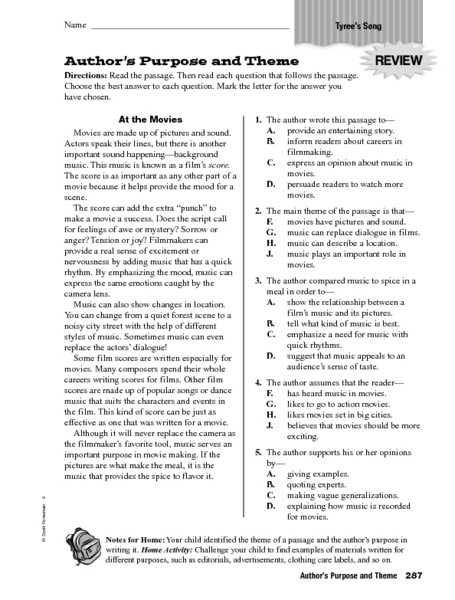 5th Grade theme Worksheets Author Purpose and theme Review Worksheet for 4th 5th Grade