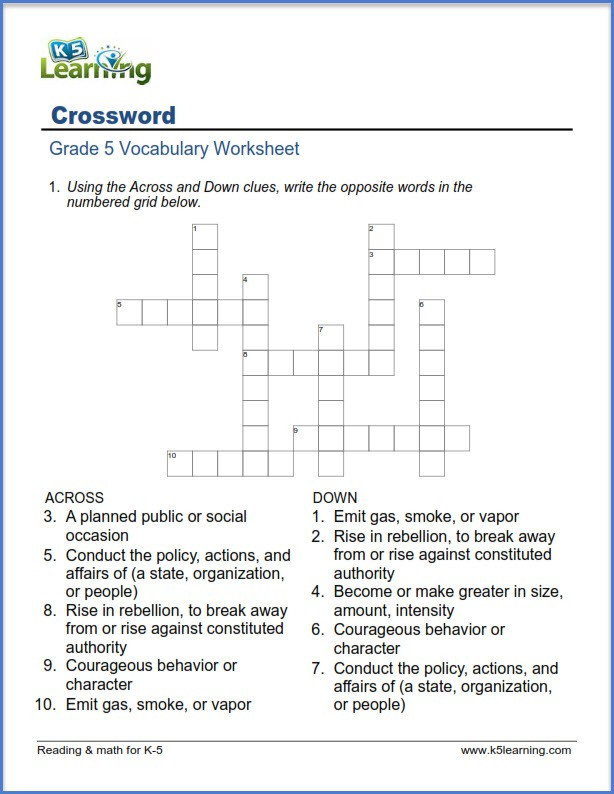 5th Grade Vocabulary Worksheets 5th Grade Vocabulary Crossword Puzzle Worksheets