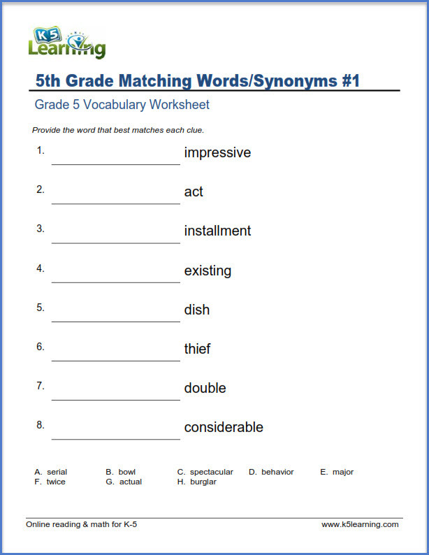 5th Grade Vocabulary Worksheets Grade 5 Vocabulary Worksheets – Printable and organized by
