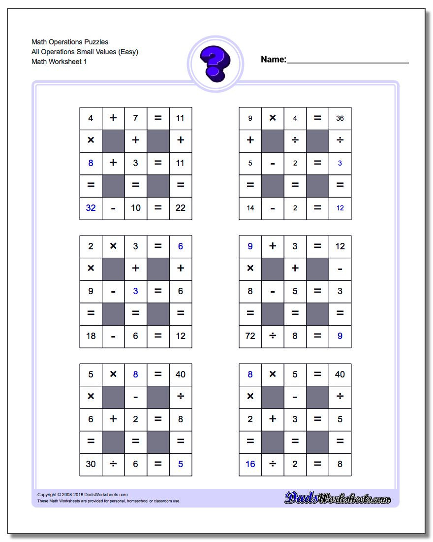 6th Grade Math Puzzles All Operations Logic Puzzles with Missing Values Small