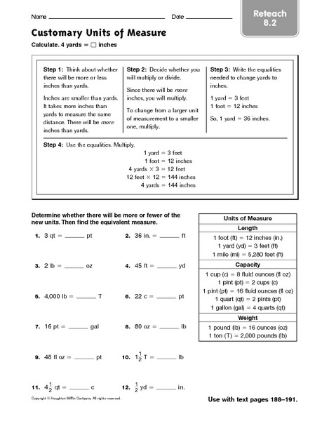 6th Grade Measurement Worksheets Customary Units Of Measure Reteach 8 2 Worksheet for 4th