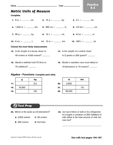 6th Grade Measurement Worksheets Metric Units Of Measure Practice 8 4 Worksheet for 6th