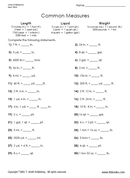 6th Grade Measurement Worksheets Mon Units Of Measure Worksheet