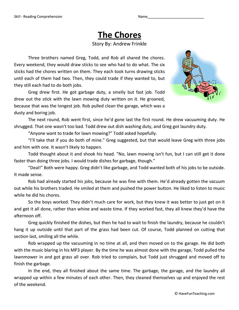 6th Grade Reading Worksheets Printable Chores Reading Prehension Worksheet
