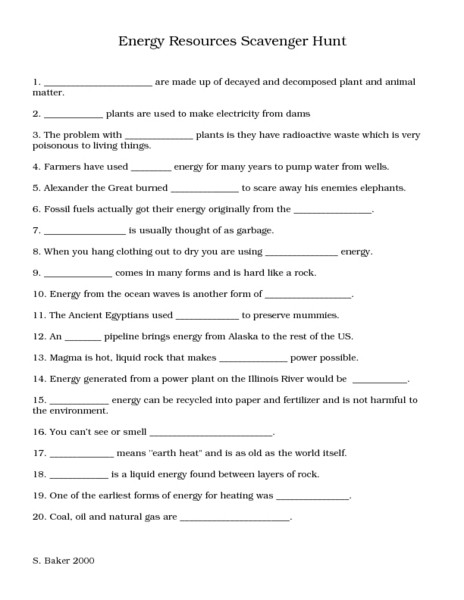 6th Grade Science Energy Worksheets Energy Resources Scavenger Hunt Worksheet for 6th 8th