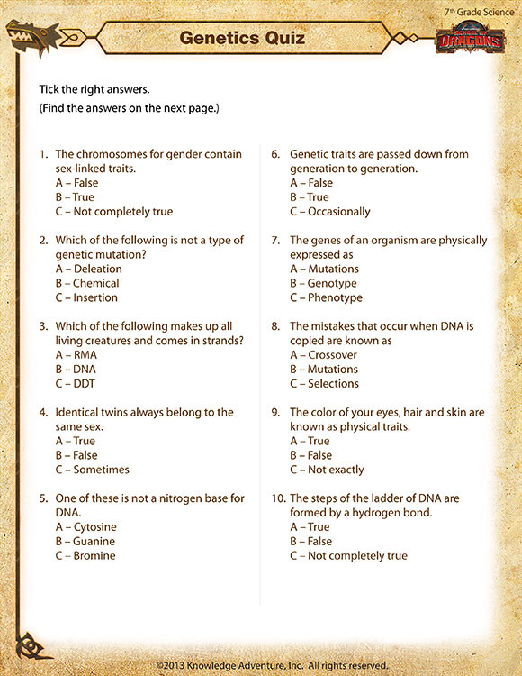 7th Grade Science Worksheets Printable Genetics Quiz View – Science Worksheet for 7th Grade sod