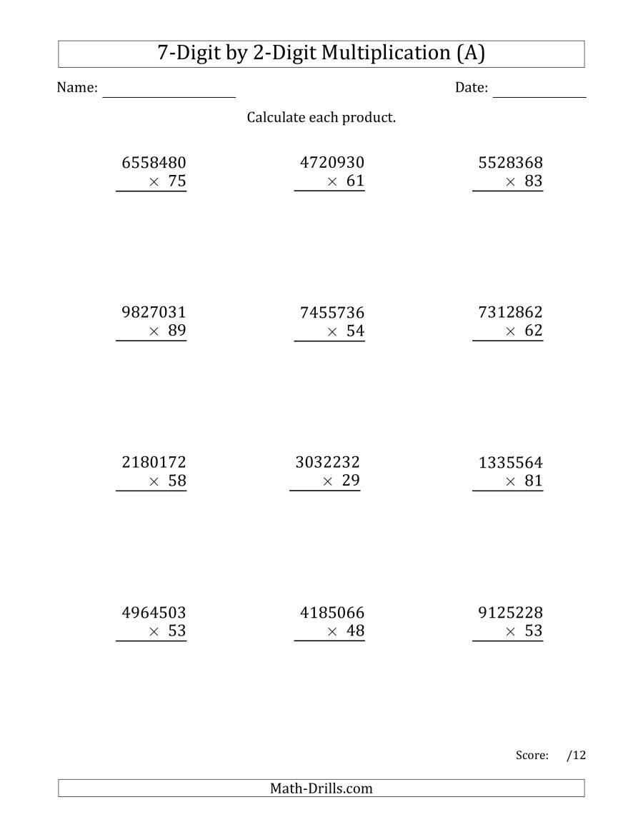 7th Grade Statistics Worksheets Multiplying 7 Digit by 2 Digit Numbers A