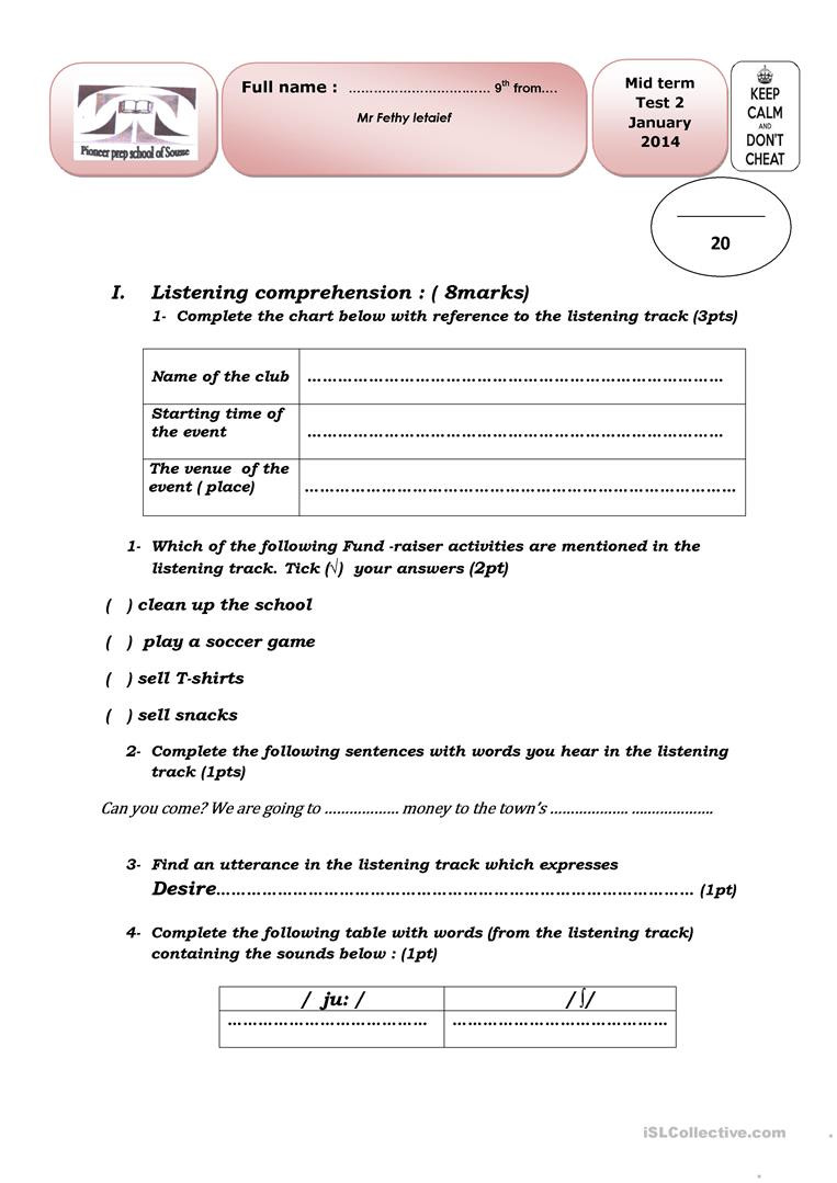 9th Grade Grammar Worksheets Mid Term Test Nb 2 9th Grade Level Tunisia English Esl