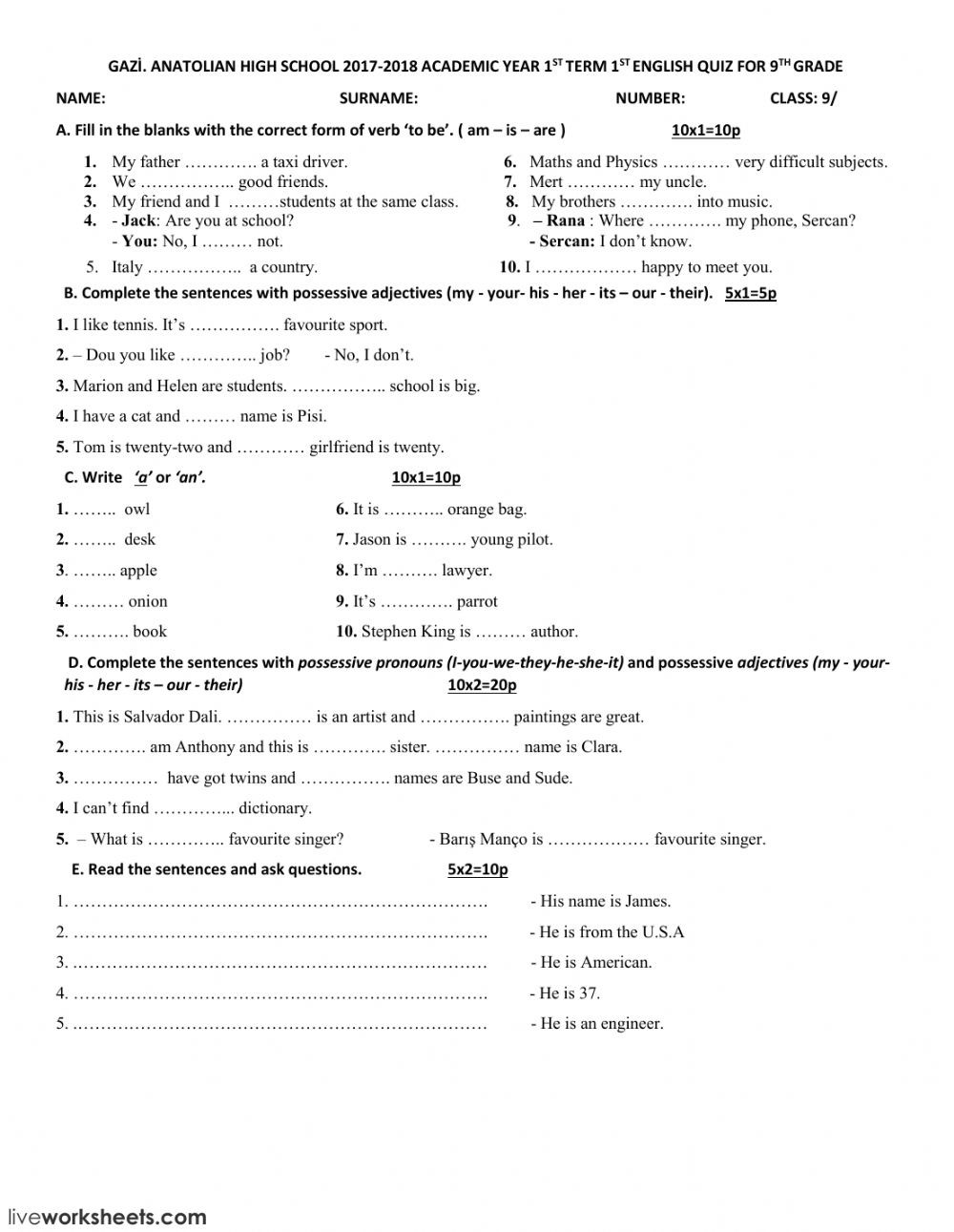 9th Grade Printable Worksheets 9th Grades 1st Term Quiz Interactive Worksheet