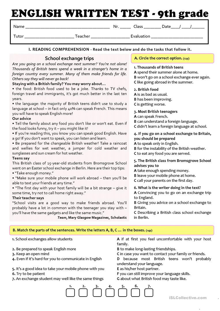 9th Grade Printable Worksheets Exchange Programmes Test A2 B1 9th Grade Version B