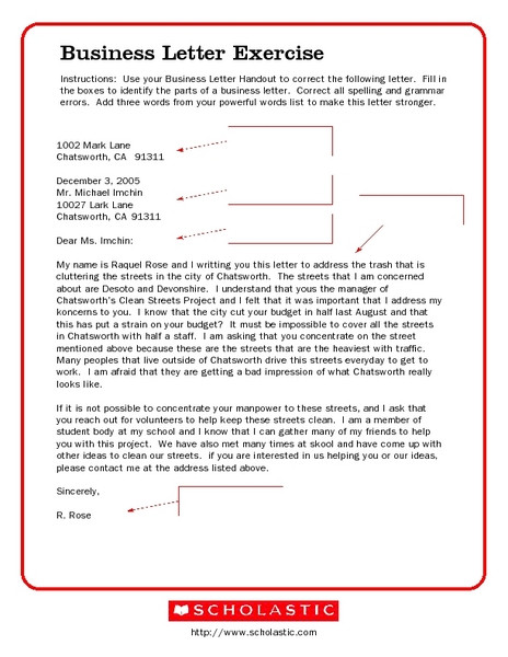9th Grade Writing Worksheets Business Letter Exercise Worksheet for 6th 9th Grade Lesson