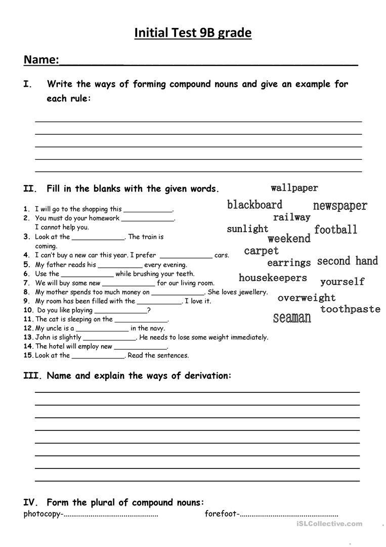 9th Grade Writing Worksheets Initial Test for 9th Grade English Esl Worksheets for