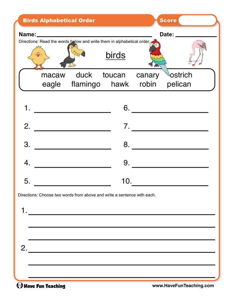 Abc order Worksheets Kindergarten Birds Abc order Worksheet
