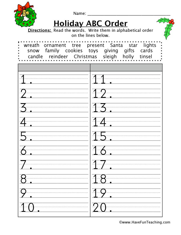 Abc order Worksheets Kindergarten Christmas Abc order Worksheet