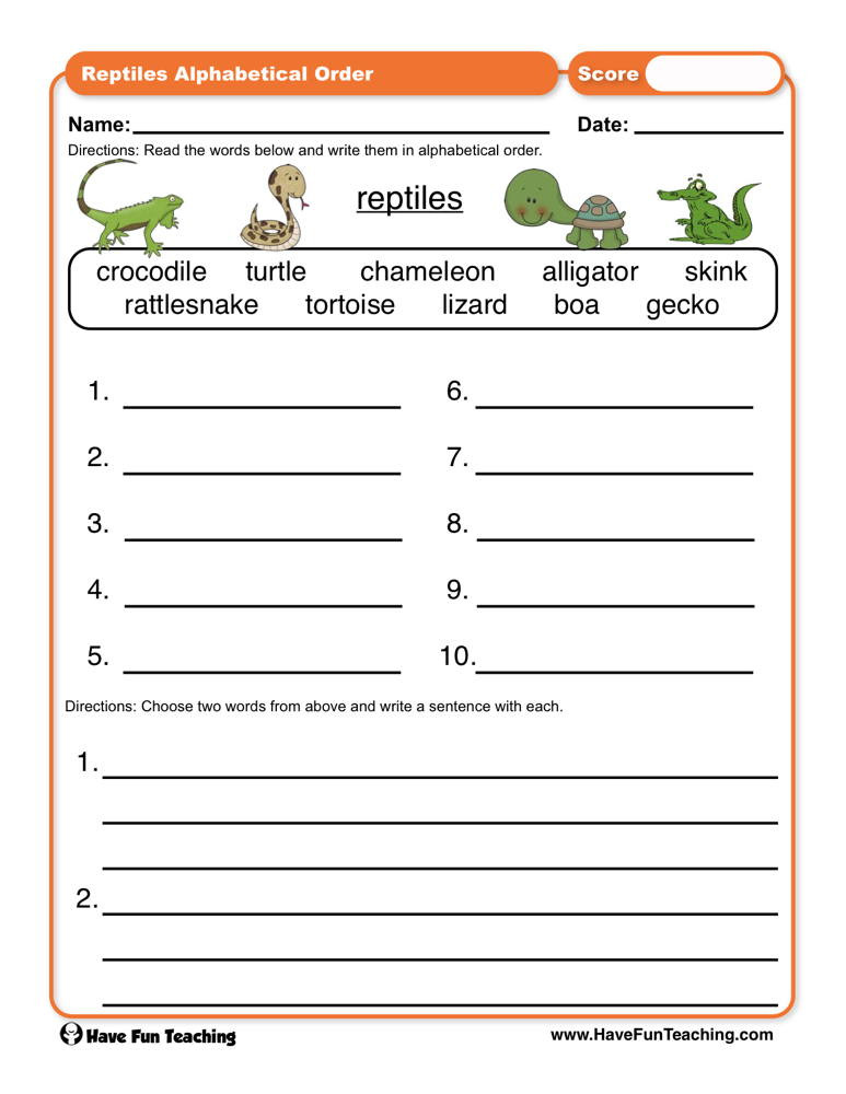 Abc order Worksheets Kindergarten Reptiles Abc order Worksheet