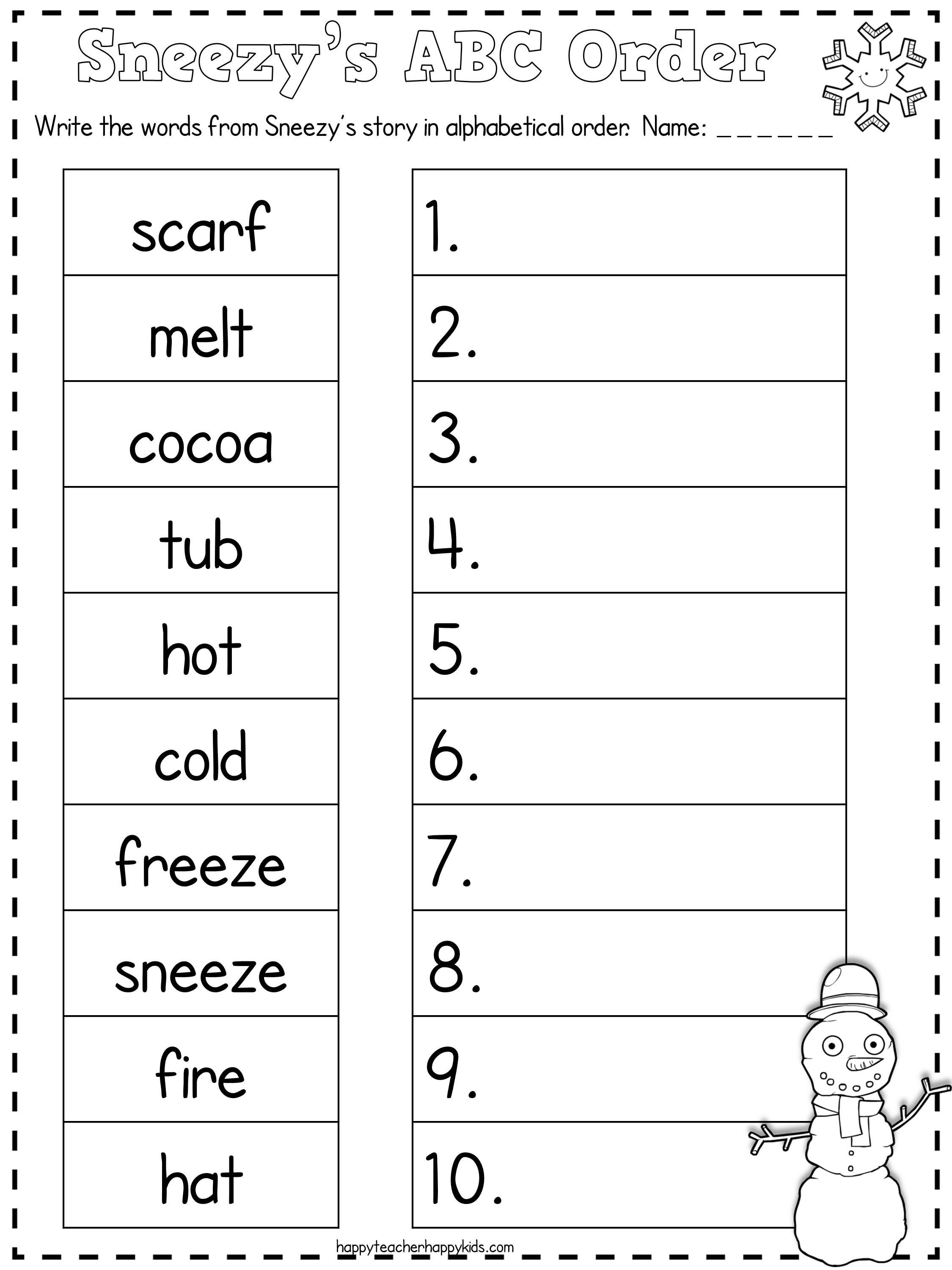 Abc order Worksheets Kindergarten Sneezy the Snowman Ideas