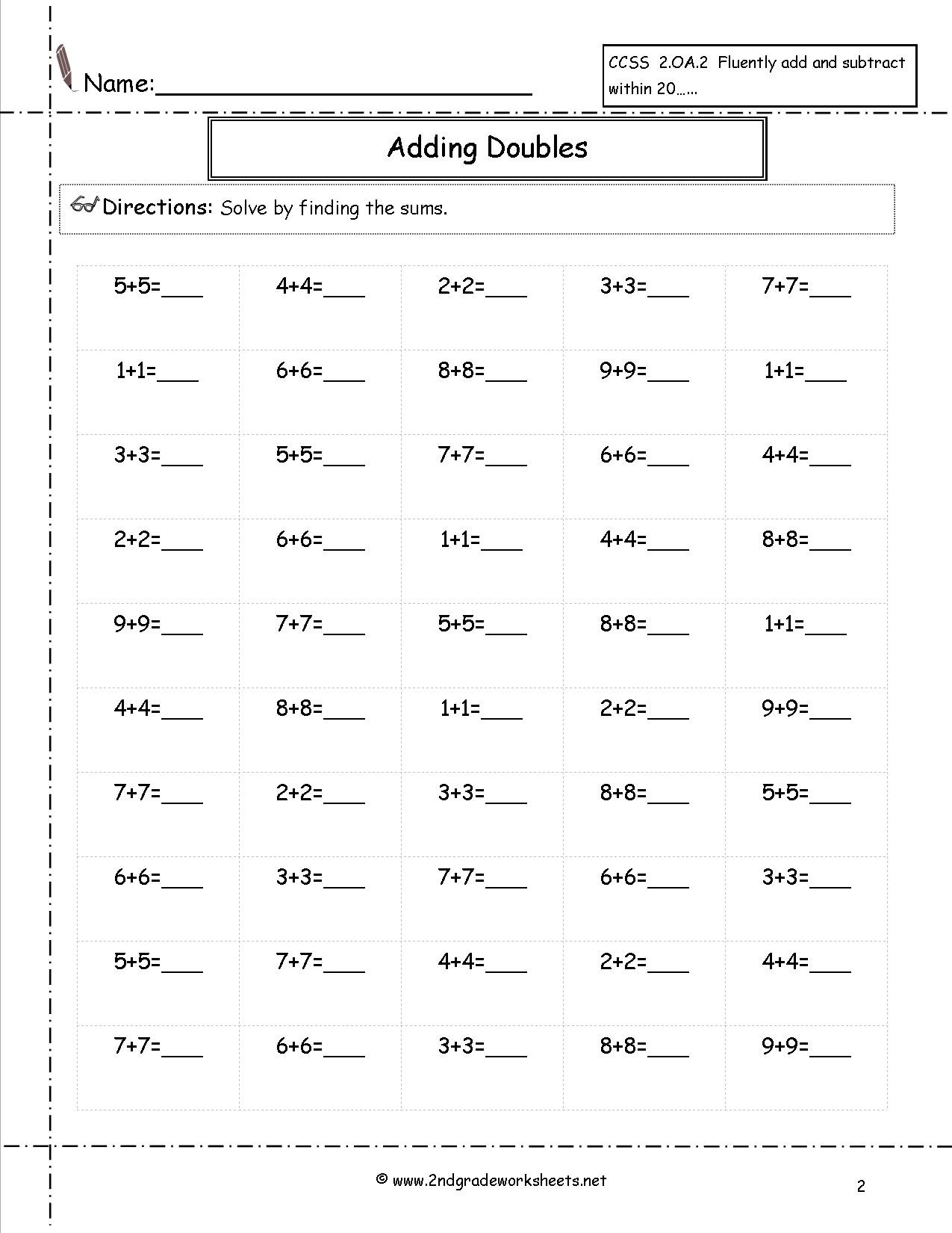 Adding Doubles Worksheet 2nd Grade Free Single Digit Addition Worksheets