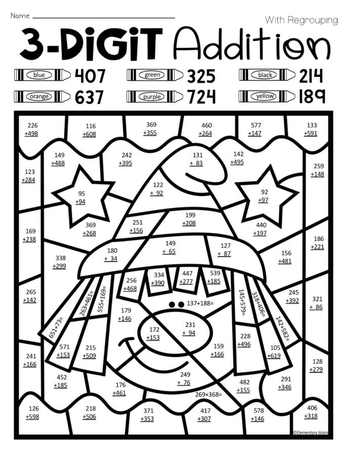 Addition Coloring Worksheets 2nd Grade Halloween Three Digit Addition Color by Number with and