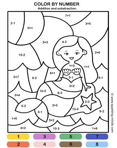 Addition Coloring Worksheets for Kindergarten Mermaids Color by Number Addition and Subtraction