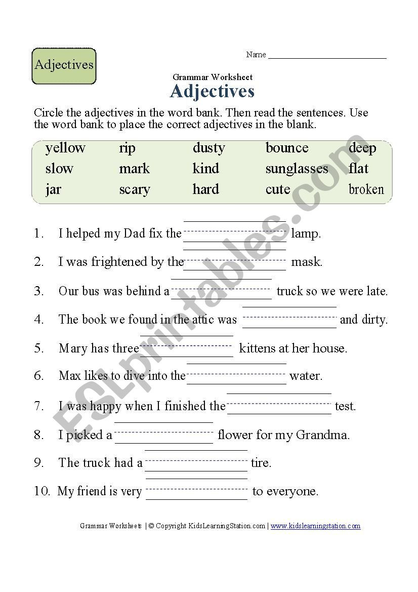 Adjectives Worksheet 2nd Grade Second Grade Adjective Worksheet Blanks1 Esl Worksheet