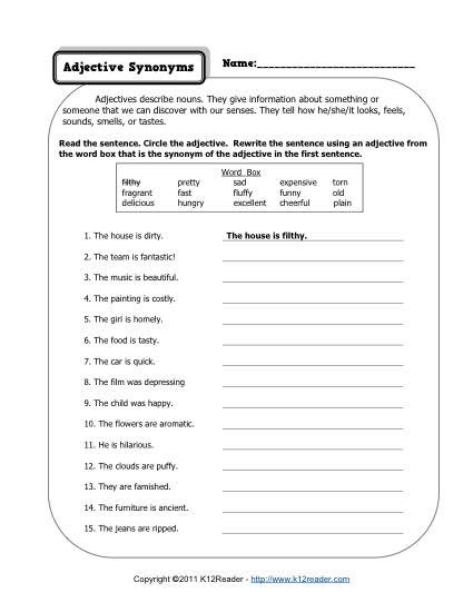 Adjectives Worksheets for Grade 2 Adjective Synonyms 2nd Grade Worksheets 3rd Synonyms1 Extra