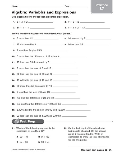 Algebra Tiles Worksheets 6th Grade Algebra Variables and Expressions Practice Worksheet for