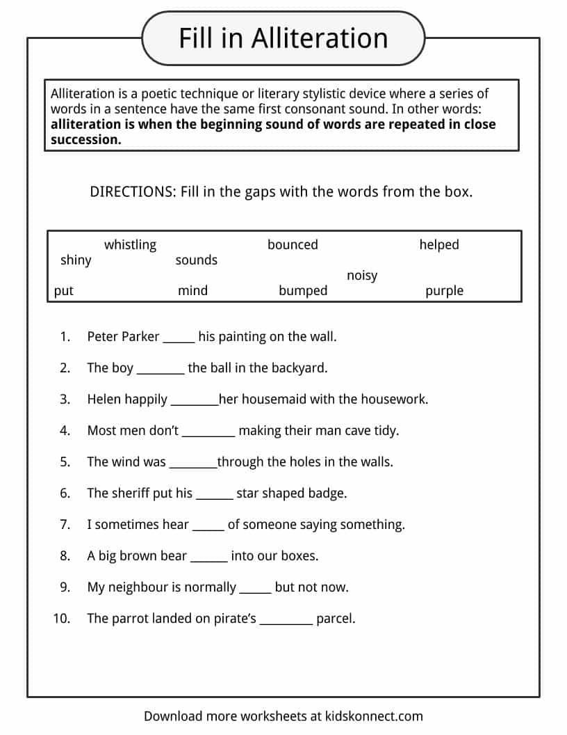 Alliteration Worksheets 4th Grade Alliteration Examples Definition &amp; Worksheets