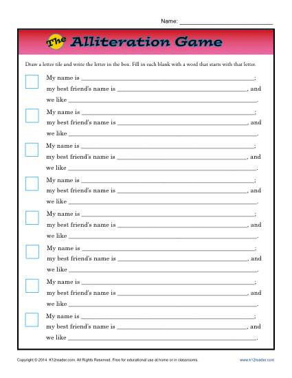 Alliteration Worksheets 4th Grade Alliteration Game