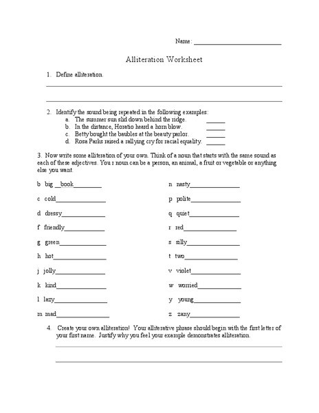 Alliteration Worksheets 4th Grade Alliteration Worksheet Worksheet for 4th 6th Grade