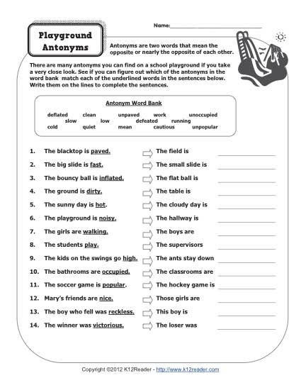Antonyms Worksheets 3rd Grade Playground Antonyms 4th and 5th Grade Antonym Worksheets for