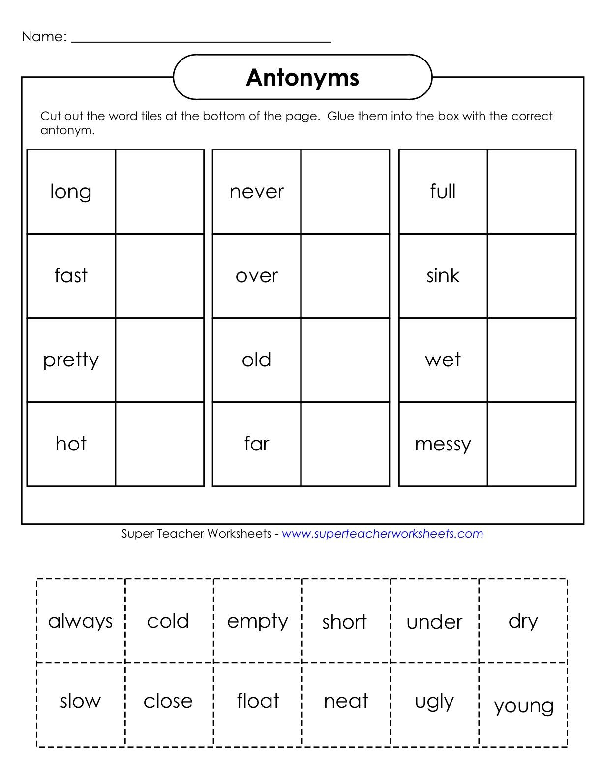 Antonyms Worksheets for Kindergarten Education Antonyms Worksheet