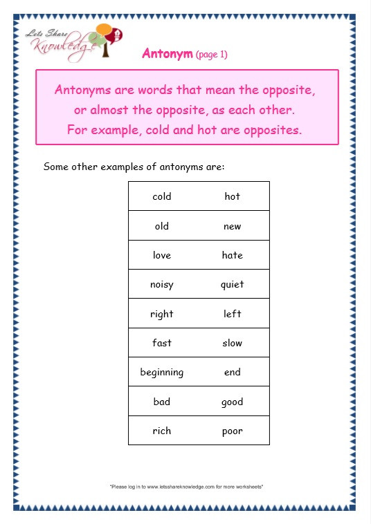 Antonyms Worksheets for Kindergarten Grade 3 Grammar topic 28 Antonyms Worksheets Lets