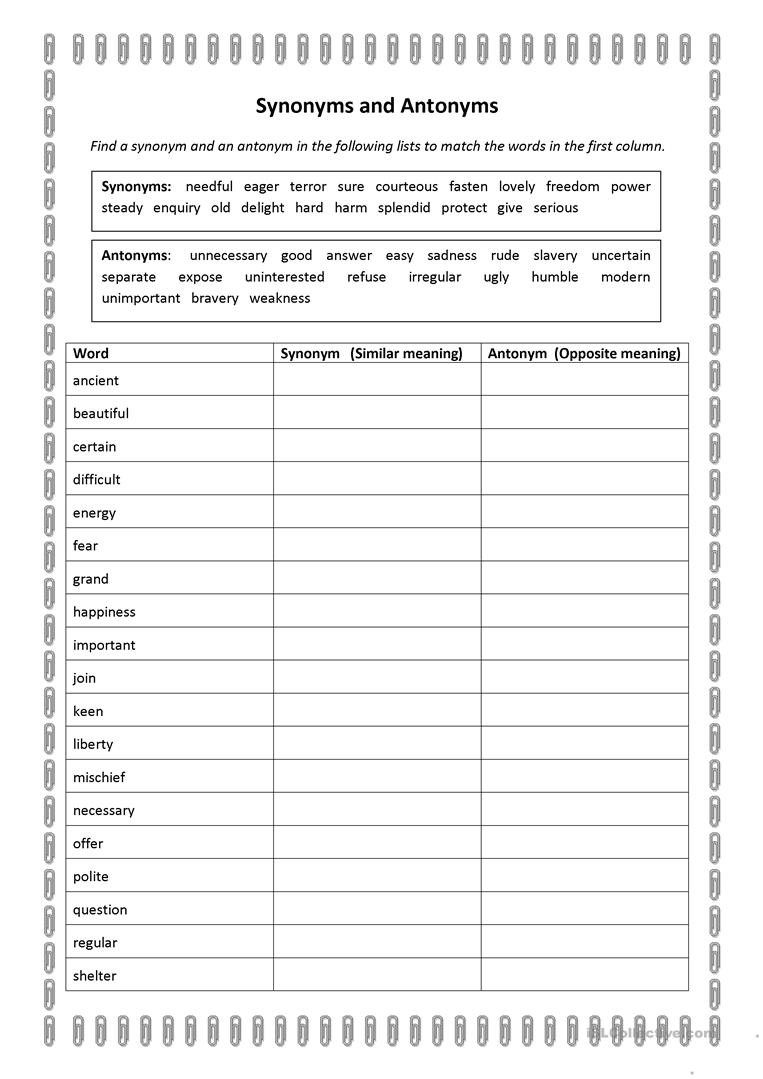 Antonyms Worksheets for Kindergarten Synonyms and Antonyms English Esl Worksheets for Distance