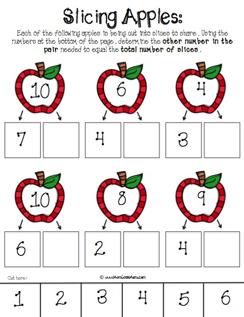 Apple Worksheets Kindergarten Number Bonds with Apple Slices Free Printables
