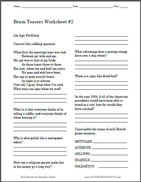 Brain Teaser Printable Worksheets Brain Teaser Printable that are Satisfactory