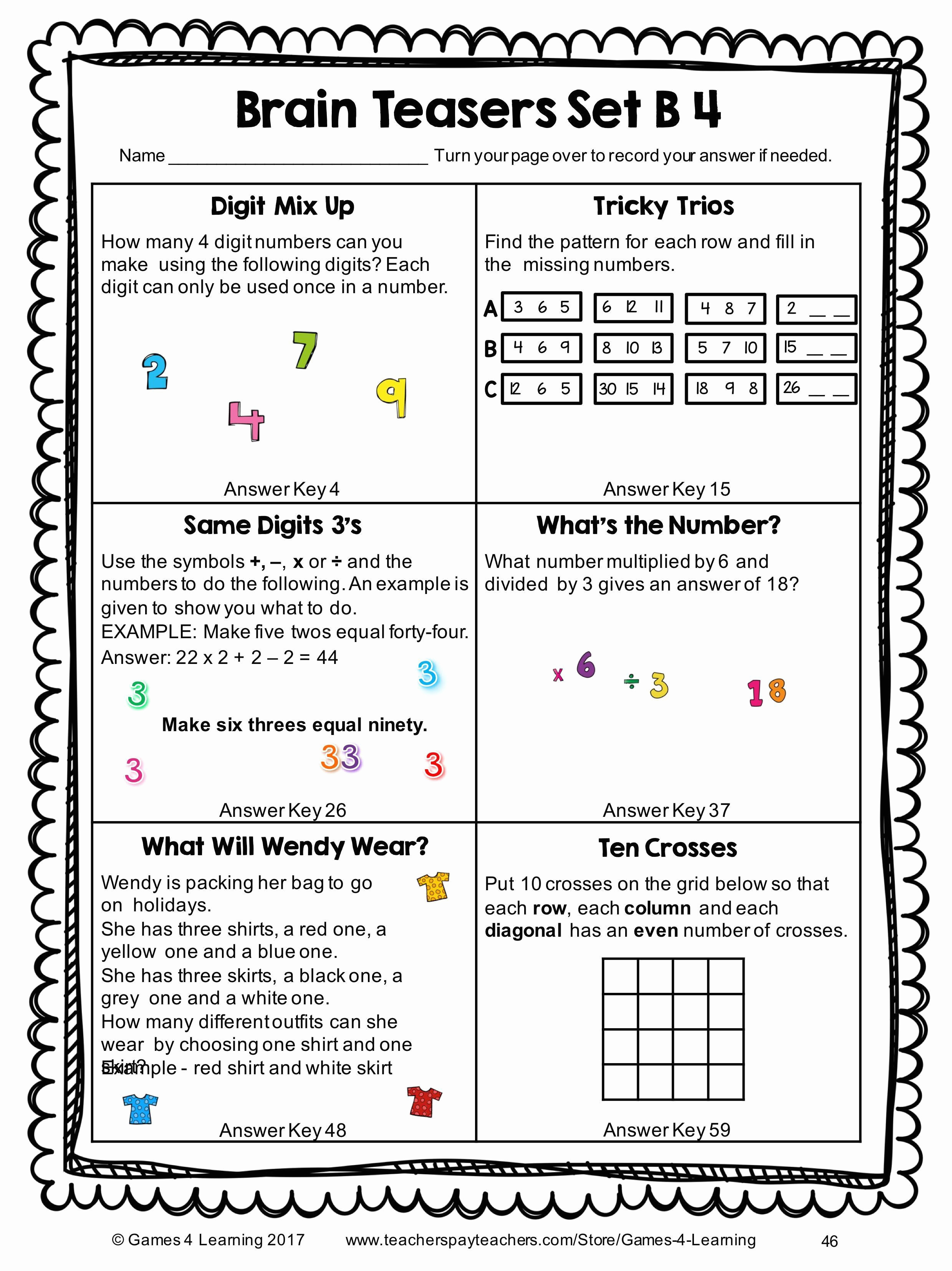 Brain Teasers Printable Worksheets 6th Grade Brain Teasers Worksheets
