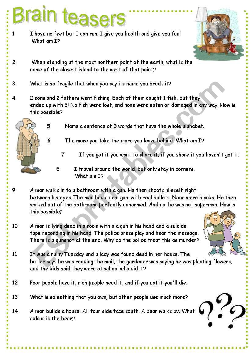 Brain Teasers Printable Worksheets Brain Teasers Esl Worksheet by Pocza